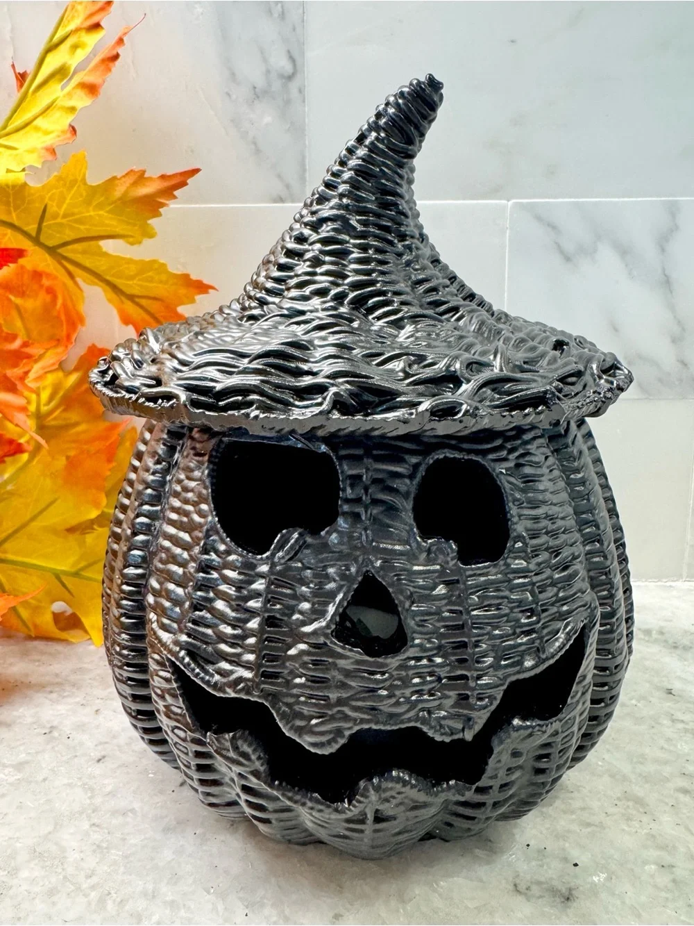 New Halloween RESIN Faux Wicker Black Jack-o'-Lantern Pumpkin w/ Tea Light - 7”